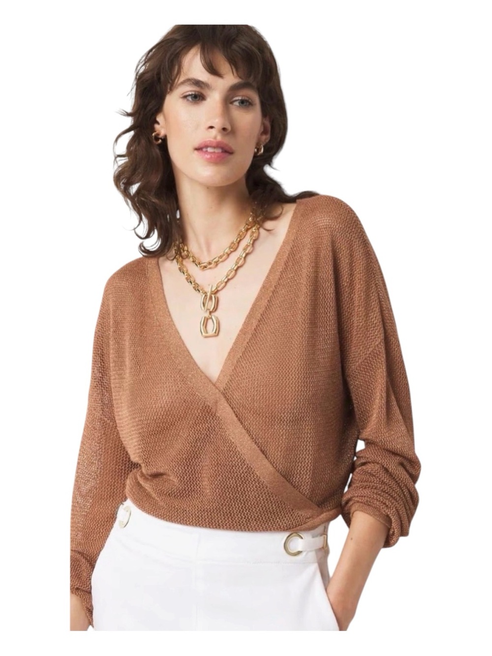 White House Black Market Bronze Metallic Surplice Sweater Size XS